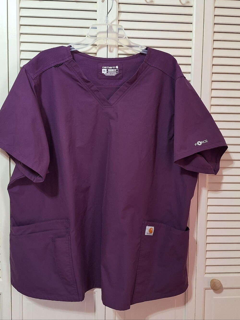 Carhartt Womens Size 4XL Purple V-Neck Work Scrub Top Medical Nurse Logo Force